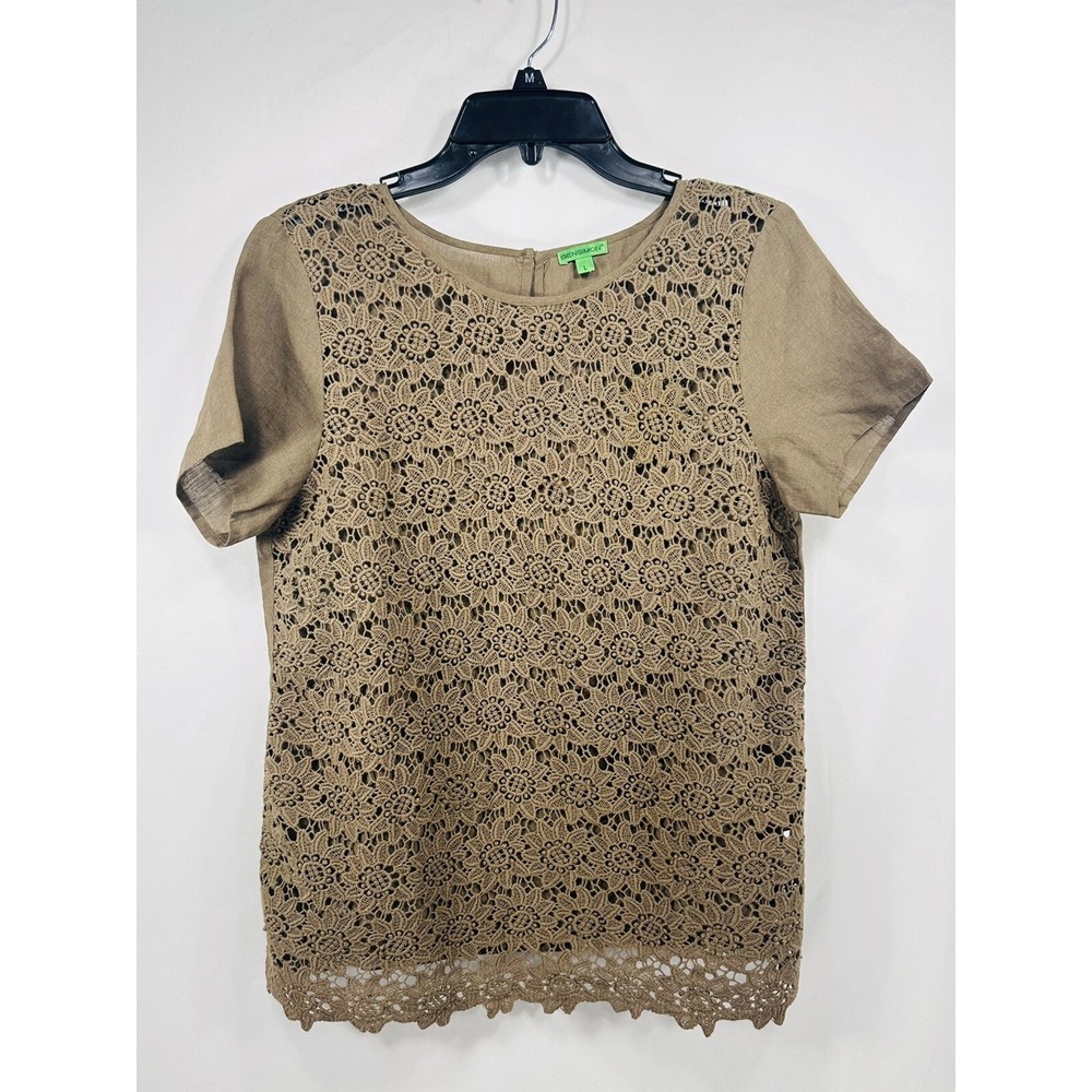 BENSIMON‎ Shirt Women's Size L Brown Short Sleeve Laced Blouse Casual Floral